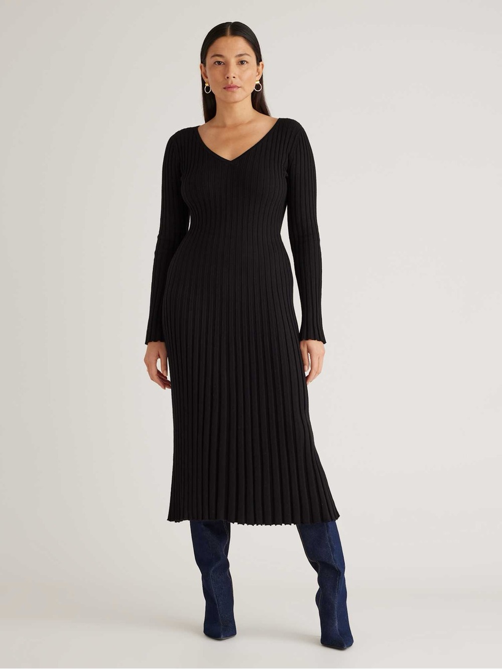 Quince Cotton Cashmere Ribbed Long Sleeve V-Neck Midi Dress size S black